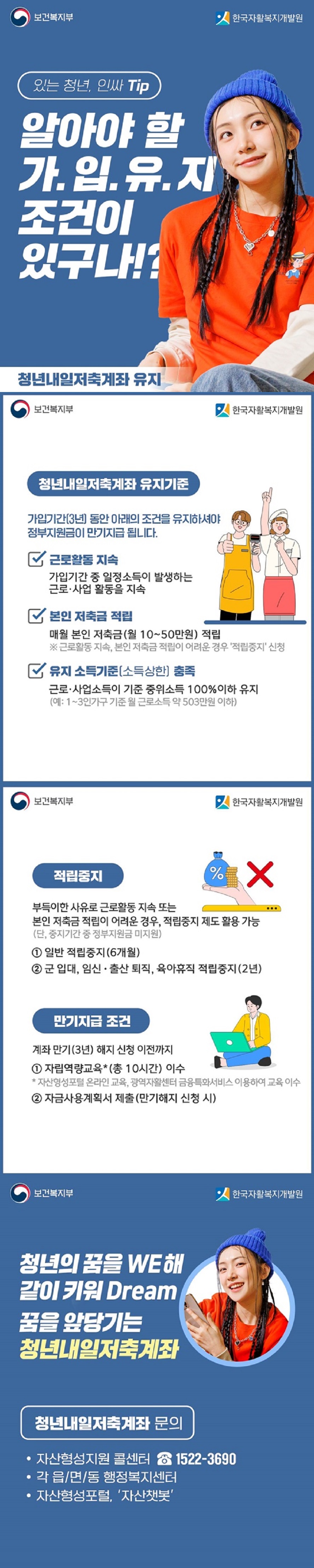 있는 청년, 인싸 Tip 알아야 할 가.입.유.지 조건이 있구나!? 청년내일저축계좌 유지 보건복지부 한국자활복지개발원 ■ 청년내일저축계좌 유지기준 가입기간(3년)동안 아래의 조건을 유지하셔야 정부지원금이 만기지급 됩니다. · 근로활동 지속 가입기간 중 일정소득이 발생하는 근로·사업 활동을 지속 · 본인 저축금 적립 매월 본인 저축금(월 10~50만 원) 적립 ※ 근로활동 지속, 본인 저축금 적립이 어려운 경우 '적립중지' 신청· 유지 소득기준(소득상한) 충족 근로·사업소득이 기준 중위소득 100% 이하 유지 (예: 1~3인가구 기준 월 근로소득 약 503만 원 이하) ■ 적립중지 부득이한 사유로 근로활동 지속 또는 본인 저축금 적립이 어려운 경우, 적립중지 제도 활용 가능 (단, 중지기간 중 정부지원금 미지원) ① 일반 적립중지(6개월) ② 군 입대, 임신·출산 퇴직, 육아휴직 적립중지(2년) ■ 만기지급 조건 계좌 만기(3년) 해지 신청 이전까지 ① 자립역량교육*(총 10시간) 이수 * 자산형성포털 온라인 교육, 광역자활센터 금융특화서비스 이용하여 교육 이수 ② 자금사용계획서 제출(만기해지 신청 시) 청년의 꿈을 WE해 같이 키워 Dream 꿈을 앞당기는 청년내일저축계좌 ■ 청년내일저축계좌 문의 · 자산형성지원 콜센터 ☎1522-3690 · 각 읍/면/동 행정복지센터 · 자산형성포털, '자산챗봇'